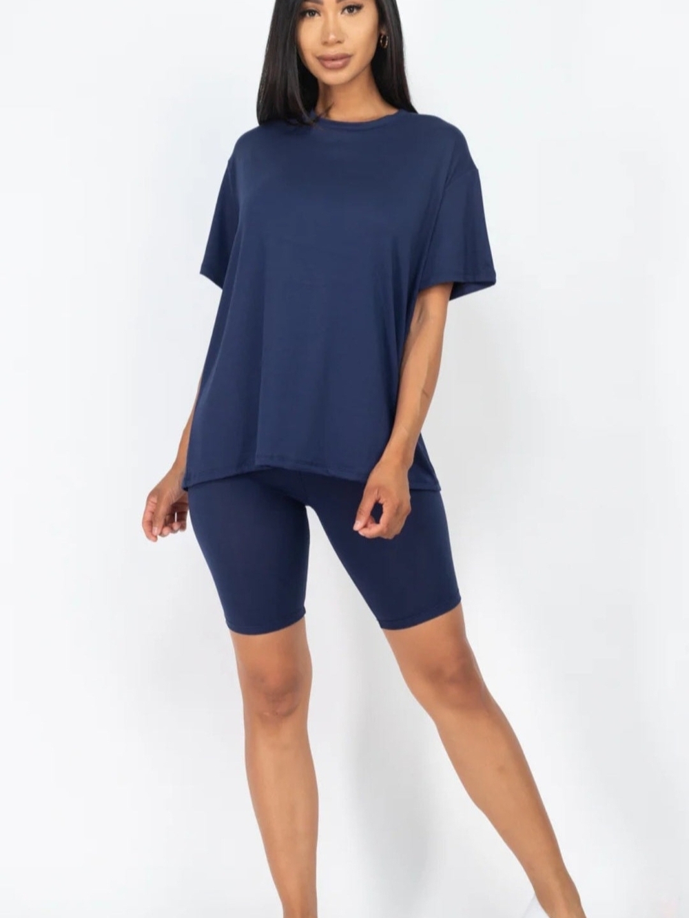 Casual Oversized Tee & Biker Short Set - Navy